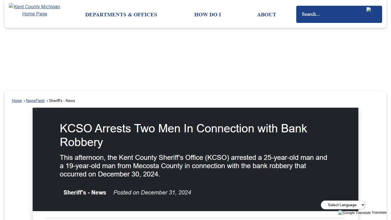 KCSO Arrests Two Men In Connection with Bank Robbery • Kent County, MI